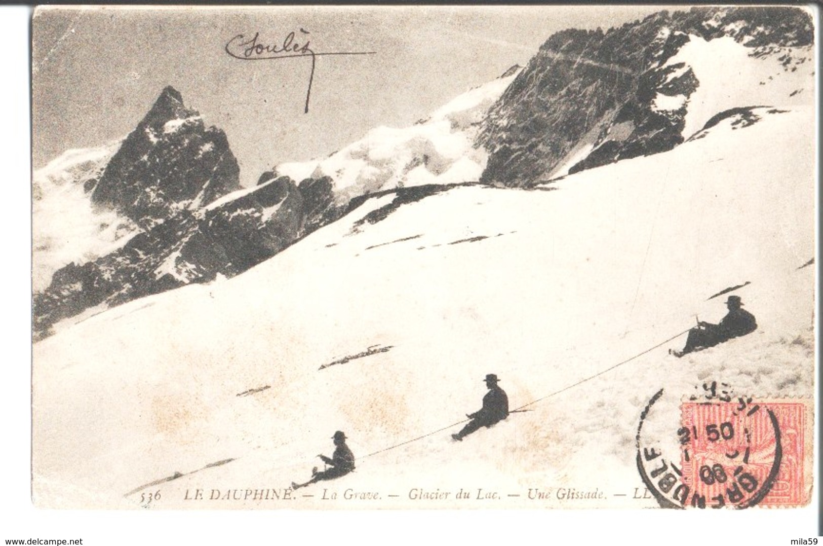 536. Le Dauphiné. Le Glacier Du Lac. Une Glissade. De Soulès Télégraphiste Au Fort Rabot à Grenoble à Marie à Galan. - Autres & Non Classés