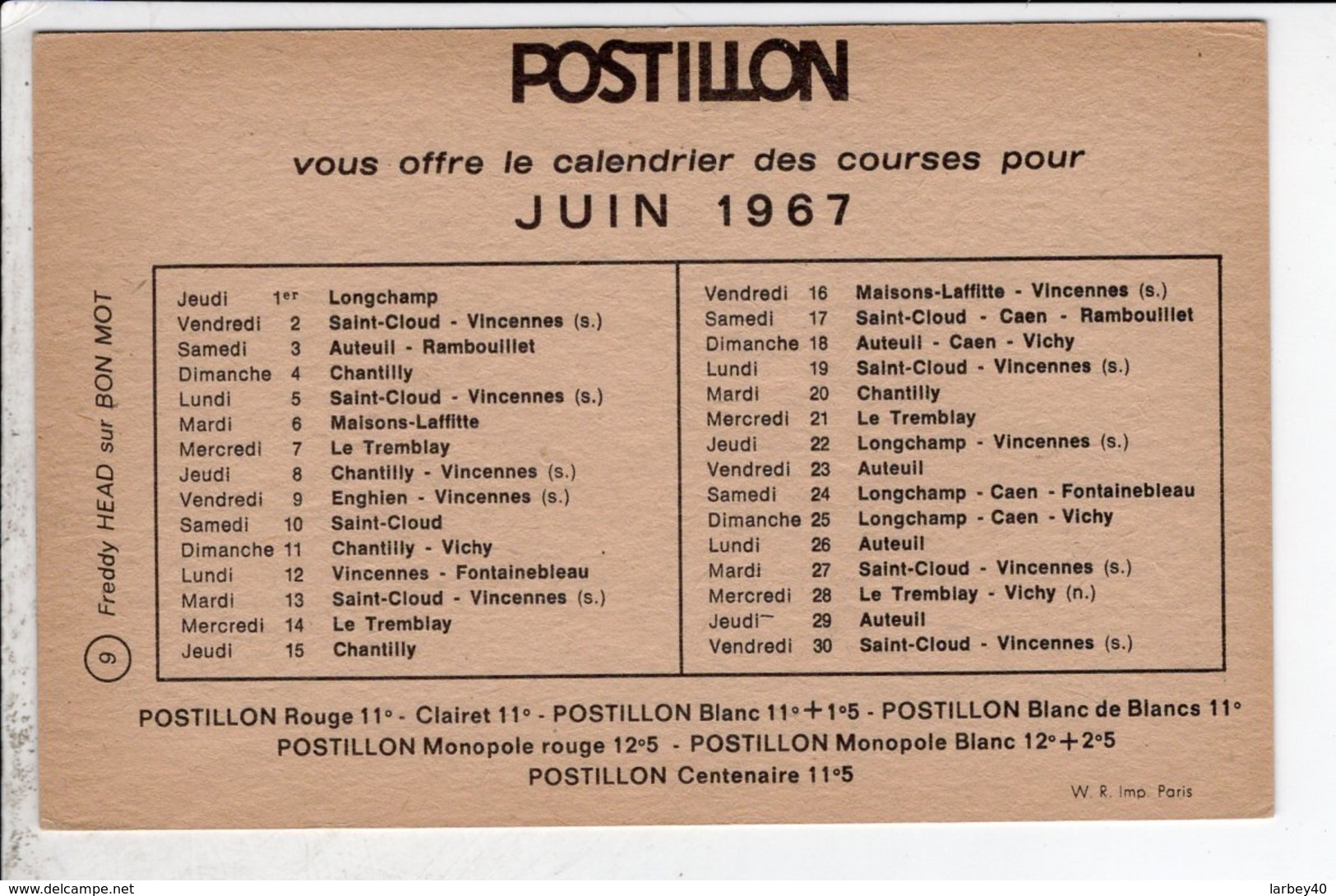 Cp Postillon  Calendrier Des Courses Juin 1967 - Andere & Zonder Classificatie