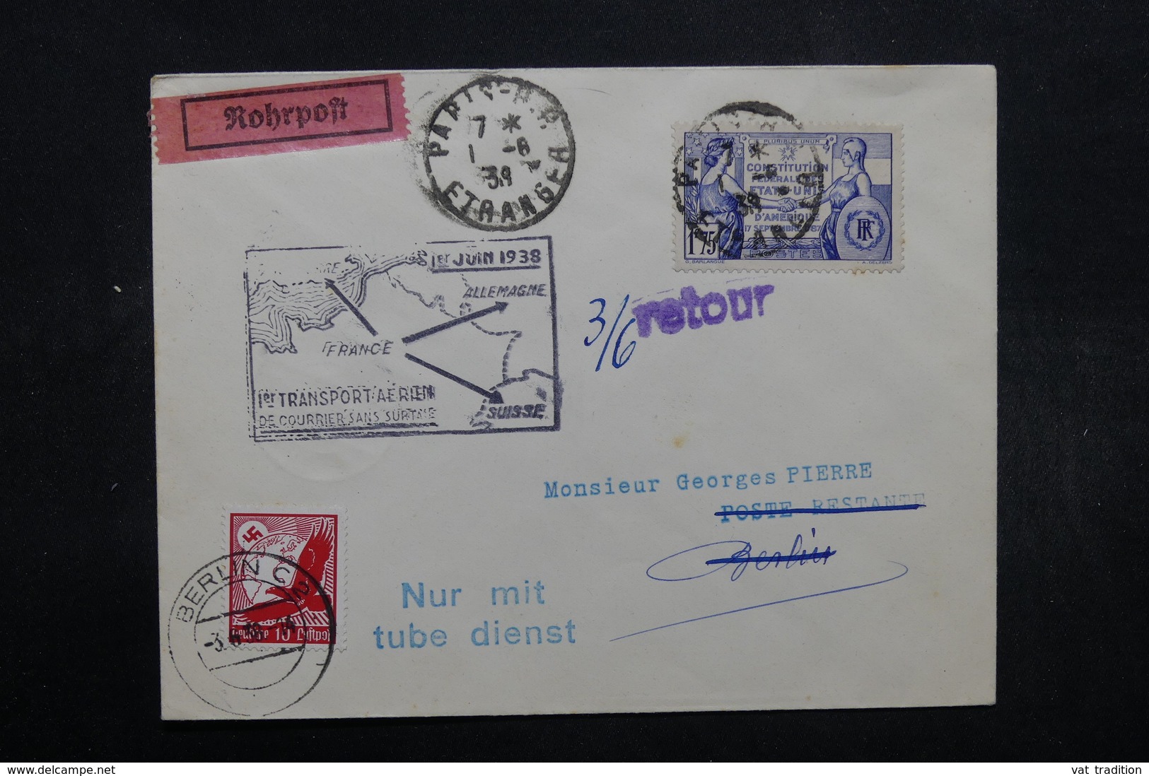 FRANCE - Enveloppe 1 Er Vol Sans Surtaxe Paris / Berlin ( Pneumatique ) En 1938 Et Retour - L 32483 - 1960-.... Lettres & Documents