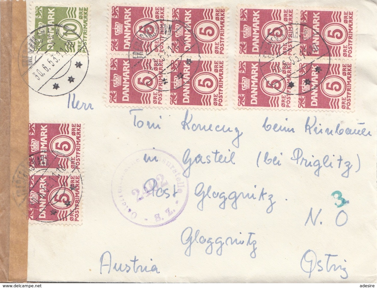 DÄNEMARK ZENSUR 1953 - 11 Fach Frankatur Auf Brief Gel.v. Dänemark > Glocknitz NÖ - Covers & Documents