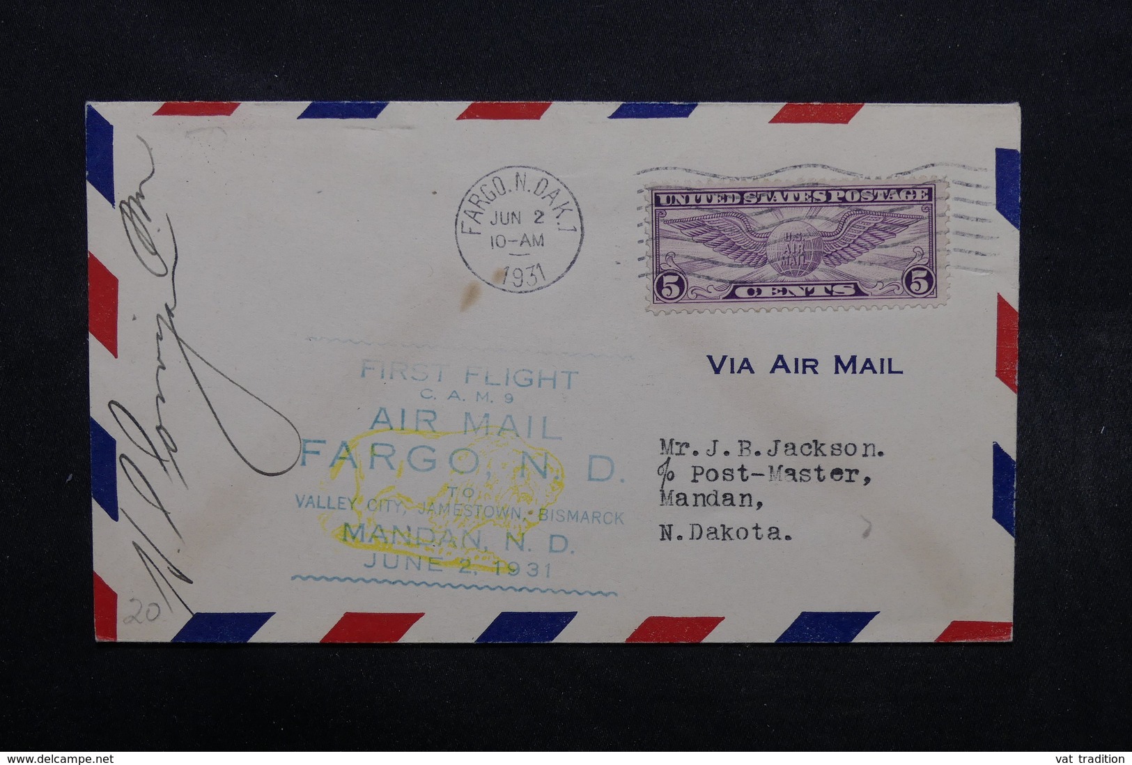 ETATS UNIS - Enveloppe 1 Er Vol Fargo / Mandan En 1931, Affranchissement Plaisant - L 32489 - 1c. 1918-1940 Lettres