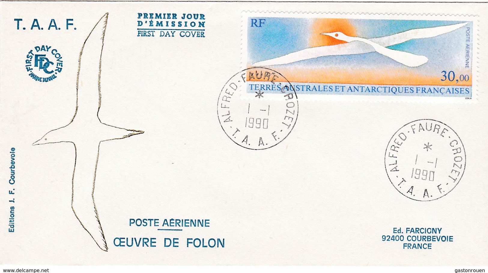 TAAF PREMIER JOUR 1990 PA114 Oiseau De Folon 01-01-1990 CROZET - FDC