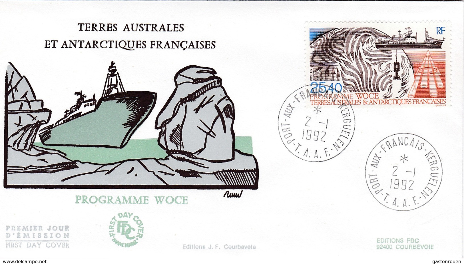 TAAF PREMIER JOUR 1992 N° 170 Programme WOCE 02-01-1992 Kerguelen - FDC