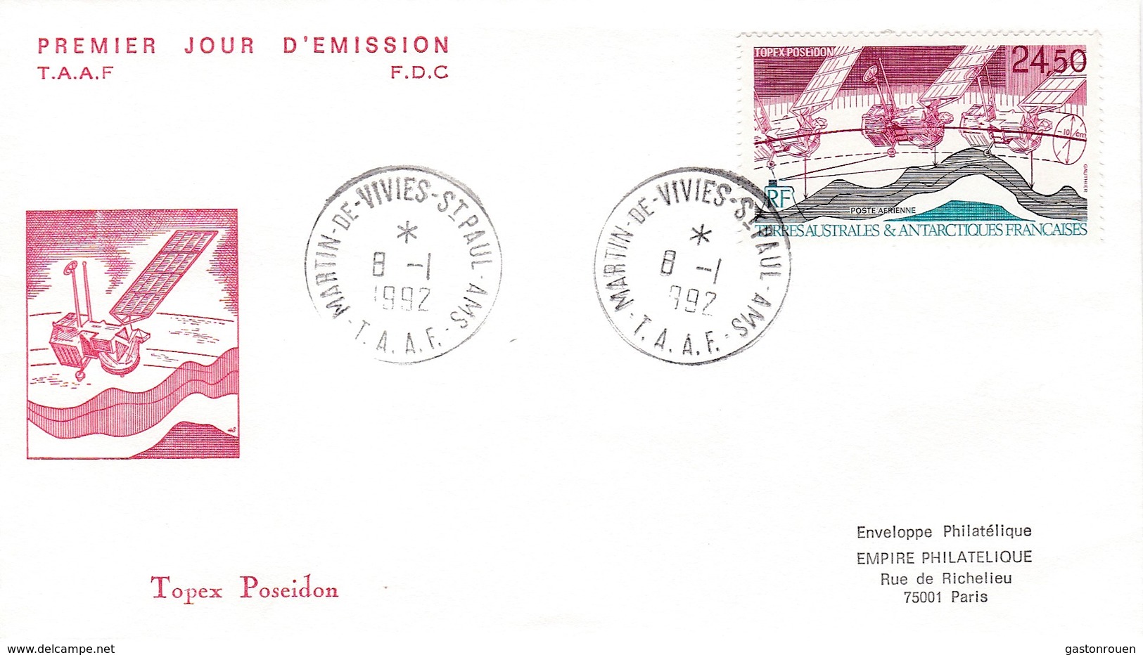 TAAF PREMIER JOUR 1992 N° PA123 Topex Poséidon 08-01-1992 St Paul Et Amsterdam - FDC