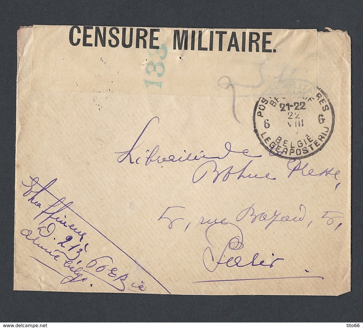 Guerre 14-18 Poste Militaire Belge TAD Bilingue Du 22/8/1917 Vers Paris Bande Censure Militaire 133 133 - Guerre De 1914-18