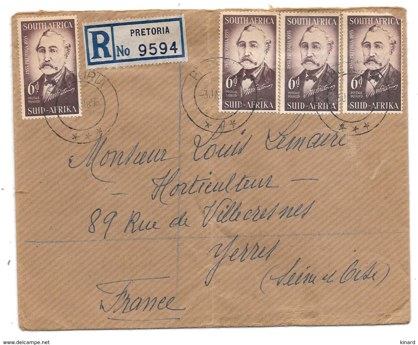 LETTRE DE . PRETORIA..RECOMMANDEE.1956...  POUR YERRES. FRANCE..TBE ..N°  216 X4..TBE... SCAN - Lettres & Documents