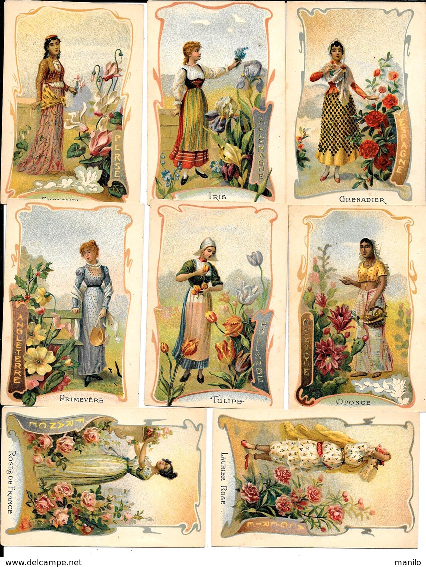 Belle Série ART NOUVEAU -8 CHROMOS Didactiques - JEUNES FEMMES & FLEURS DE CHAQUE PAYS -Roses De France-Iris Allemagne.. - Other & Unclassified