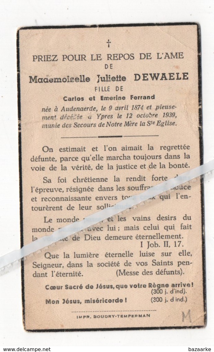 JULIETTE DEWAELE ° AUDENAERDE 1874 + YPRES 1939 / FILLE DE CARLOS ET EMERINE FERRAND - Devotion Images