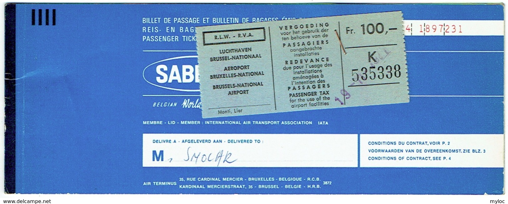 Ticket/Billet D'Avion. SABENA. Brussels/Amsterdam/Brussels/Void. 1971. - Europe