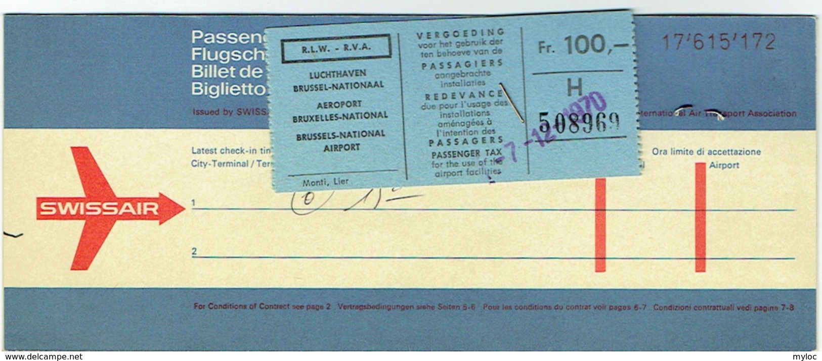 Ticket/Billet D'Avion. Swissair. Brussels/Geneva/Basel. 1970. - Europe