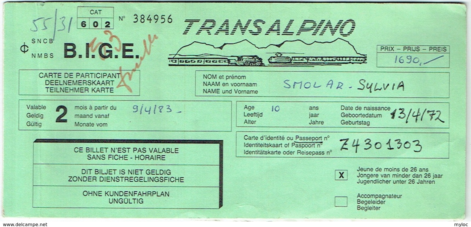 Ticket/Billet Train. Transalpino. TGB/Milano/TGB. 1983. - Europe