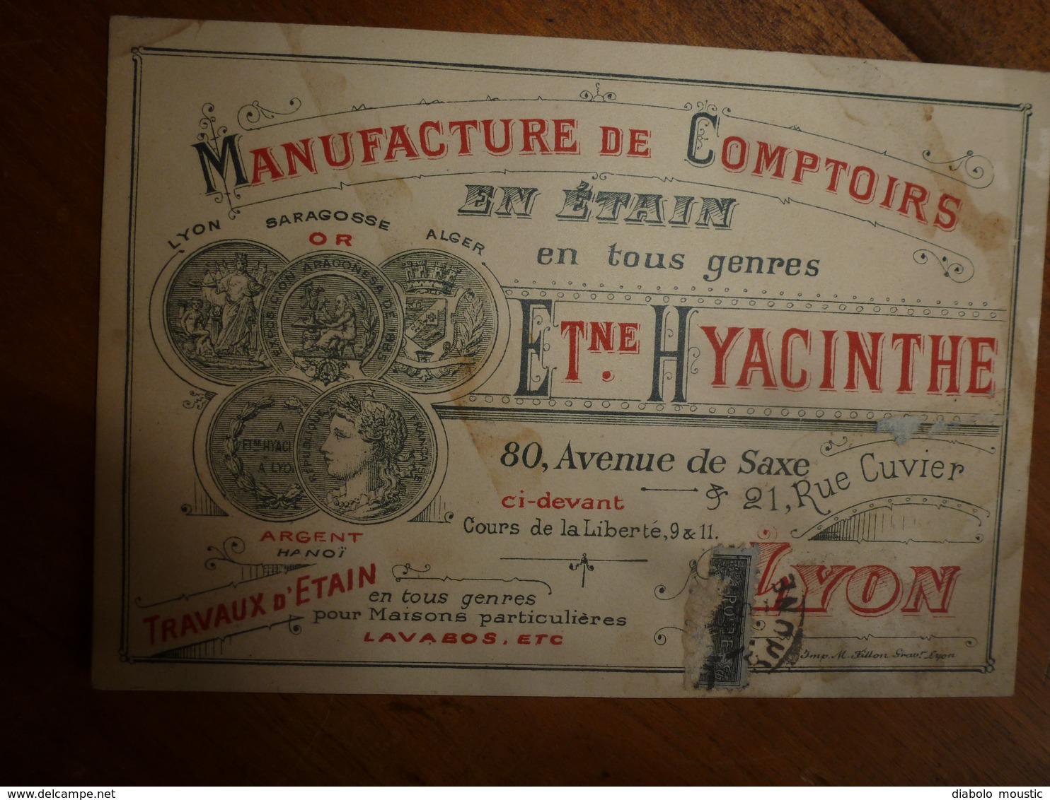 Vers 1900 :  Manufacture De Comptoirs En étain En Tous Genres- ETIENNE HYACINTHE à Lyon----  Etc - 1800 – 1899