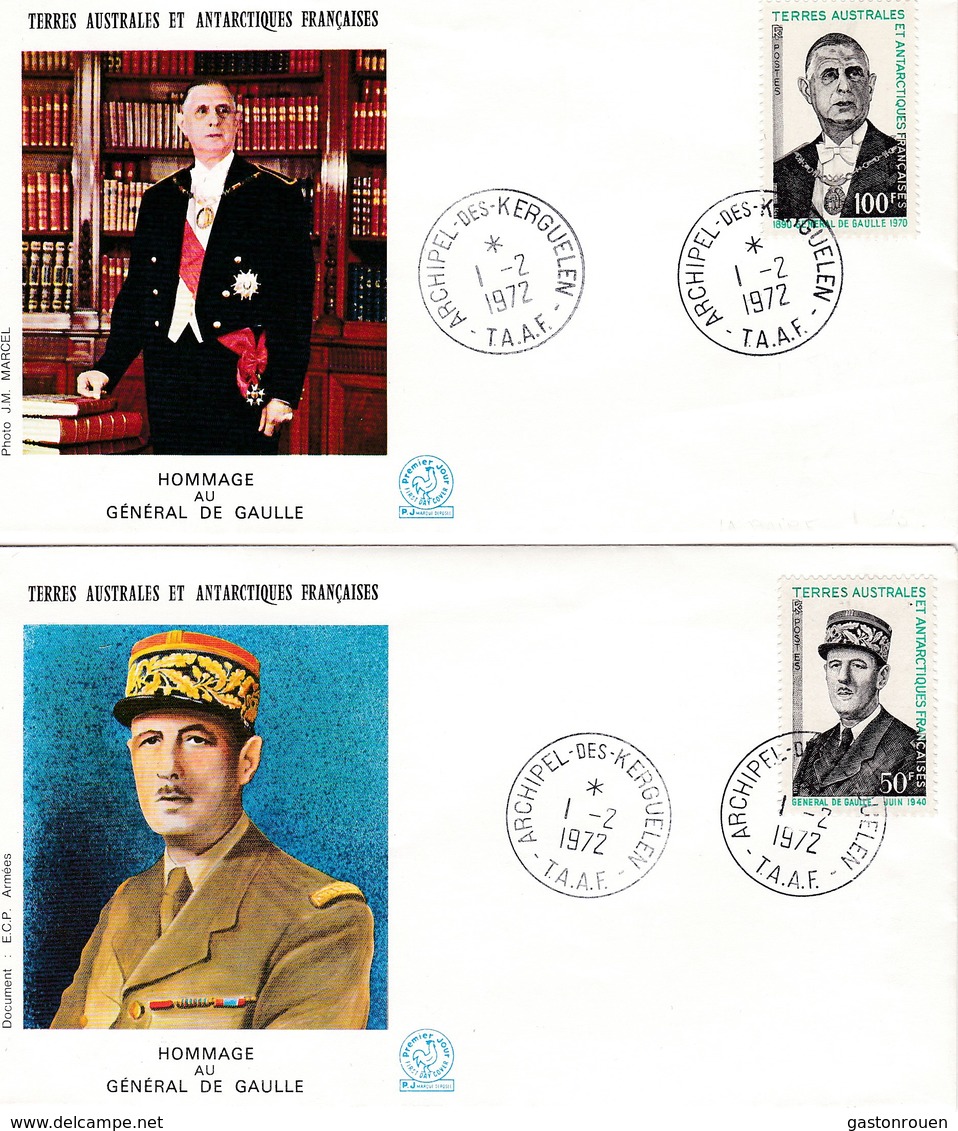 TAAF PREMIER JOUR 1972 46 + 47 De Gaulle - 2 FDC - 01-02-1972 Kerguelen - FDC