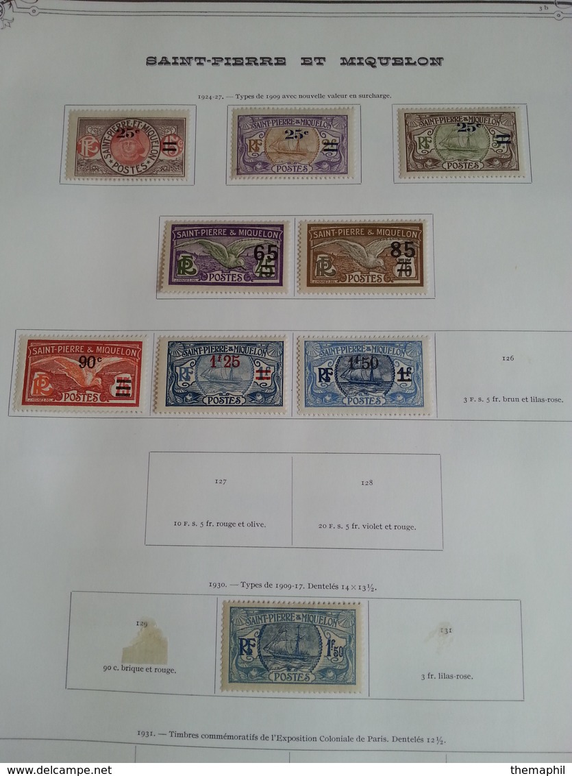 lot n° 602 ST PIERRE ET MIQUELON collection sur pages d'albums neufs * timbres collés a 50 %