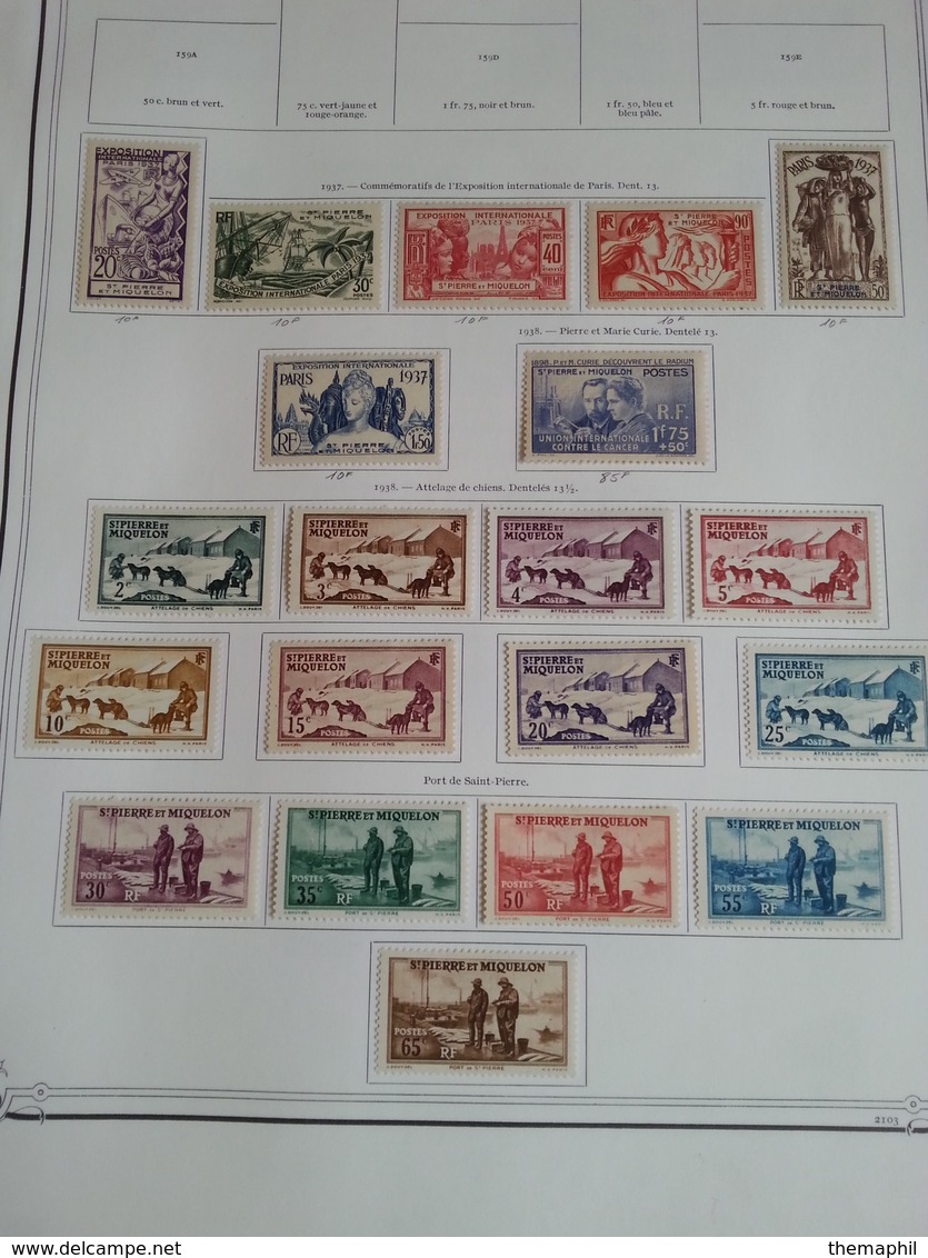 lot n° 602 ST PIERRE ET MIQUELON collection sur pages d'albums neufs * timbres collés a 50 %