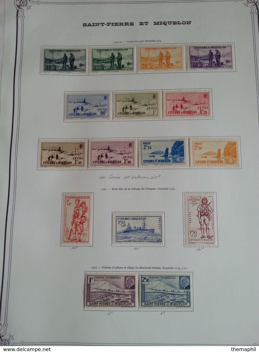 lot n° 602 ST PIERRE ET MIQUELON collection sur pages d'albums neufs * timbres collés a 50 %