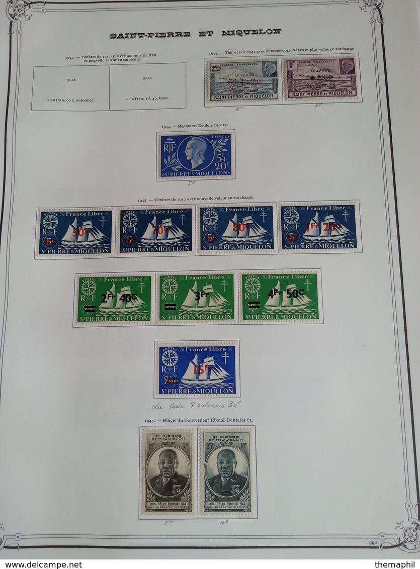 lot n° 602 ST PIERRE ET MIQUELON collection sur pages d'albums neufs * timbres collés a 50 %