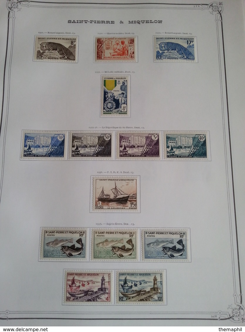 lot n° 602 ST PIERRE ET MIQUELON collection sur pages d'albums neufs * timbres collés a 50 %