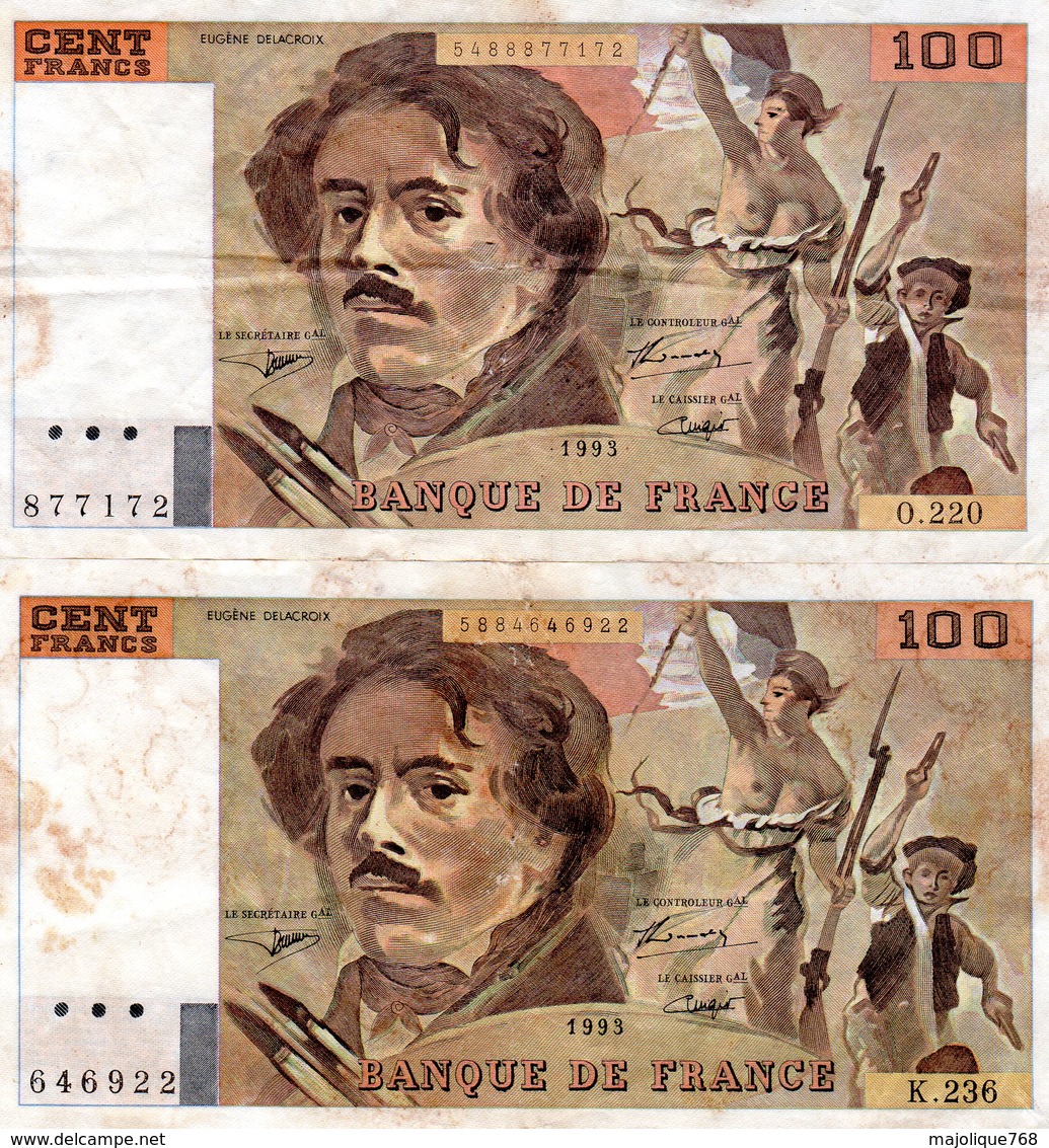 Lot De 2 Billets De 100 Francs Français Eugène Delacroix De 1993 - 100 F 1978-1995 ''Delacroix''