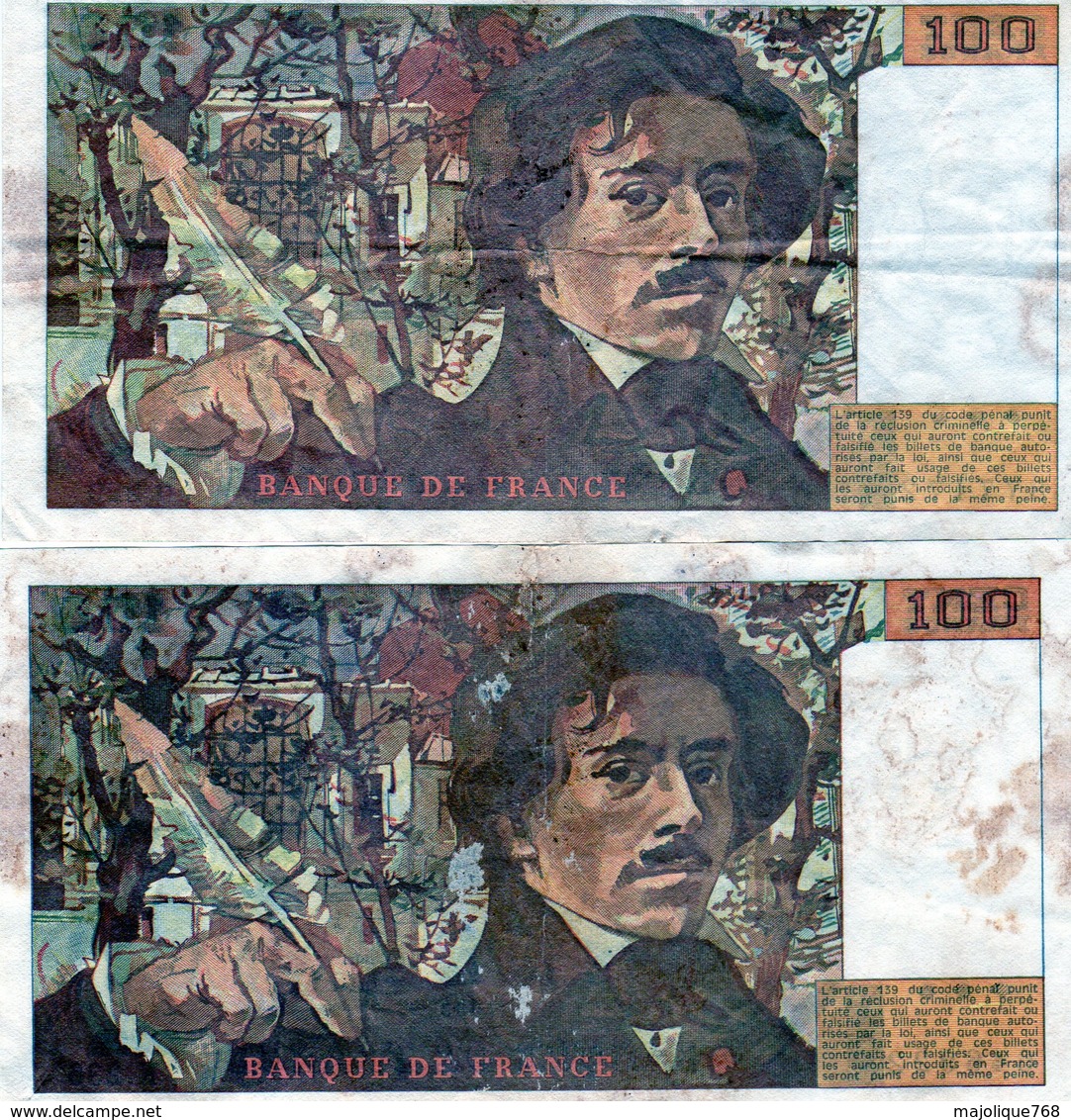 Lot De 2 Billets De 100 Francs Français Eugène Delacroix De 1993 - 100 F 1978-1995 ''Delacroix''