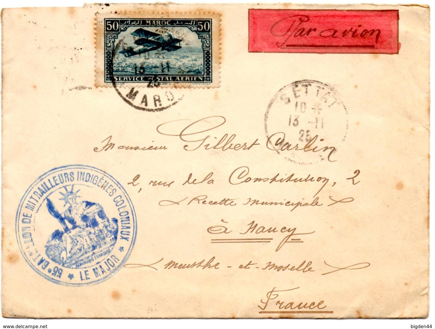 Lettre Par Avion De Settat (13.11.1925) Pour Nancy 55e Bataillon Mitrailleurs Indigènes Coloniaux Major - Briefe U. Dokumente