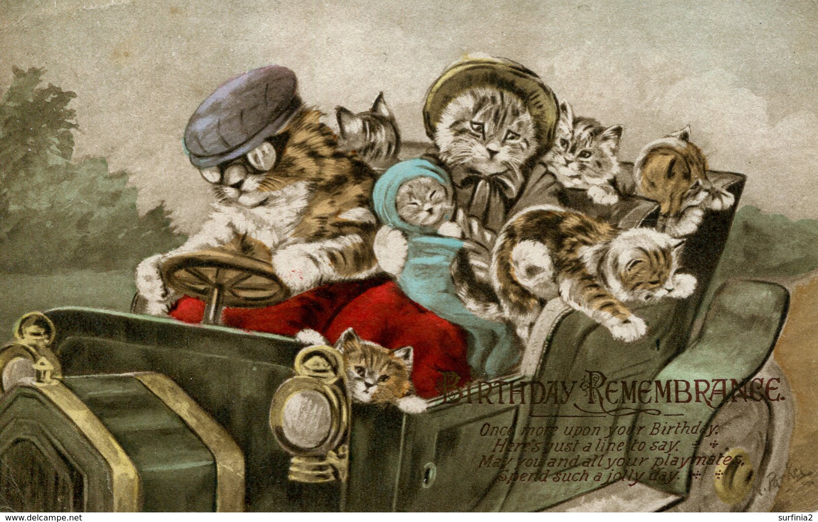 CATS - ART DRAWN By N PARKER - ANTHROPOMORPHIC IN A CAR C405 - Gatti