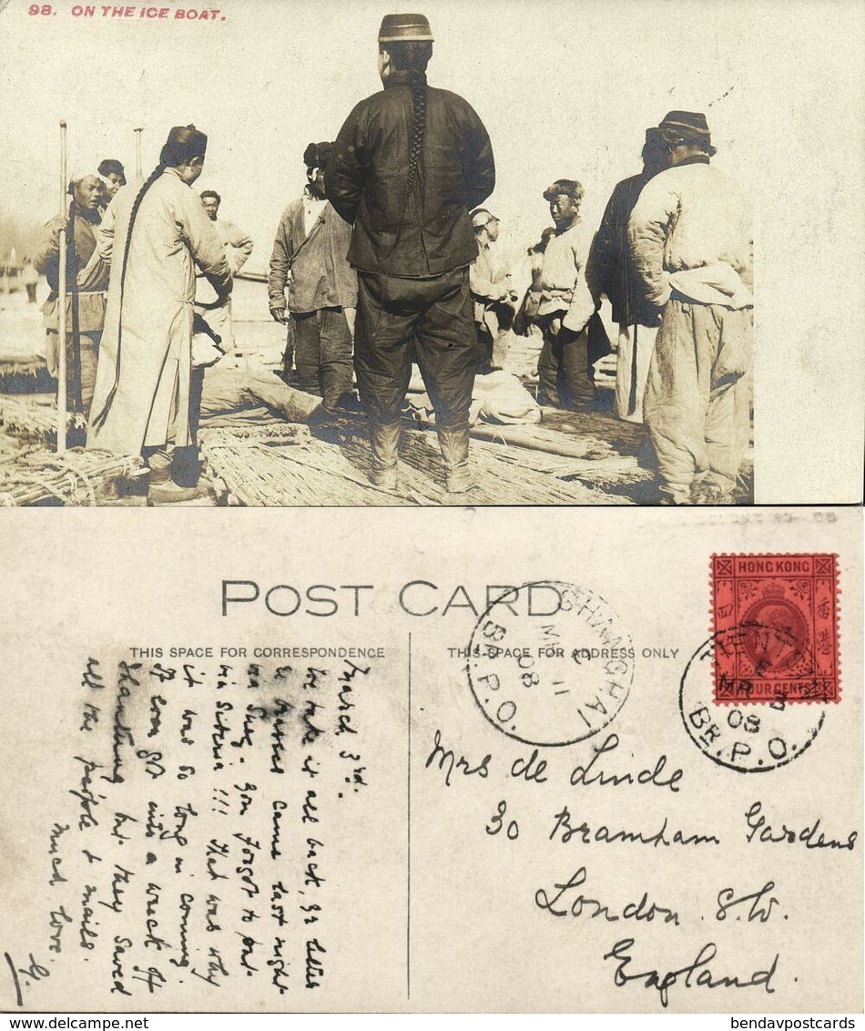 China, Chinese Men On Ice Boat, Pigtail 1908 RPPC, Tientsin - Shanghai To London - China