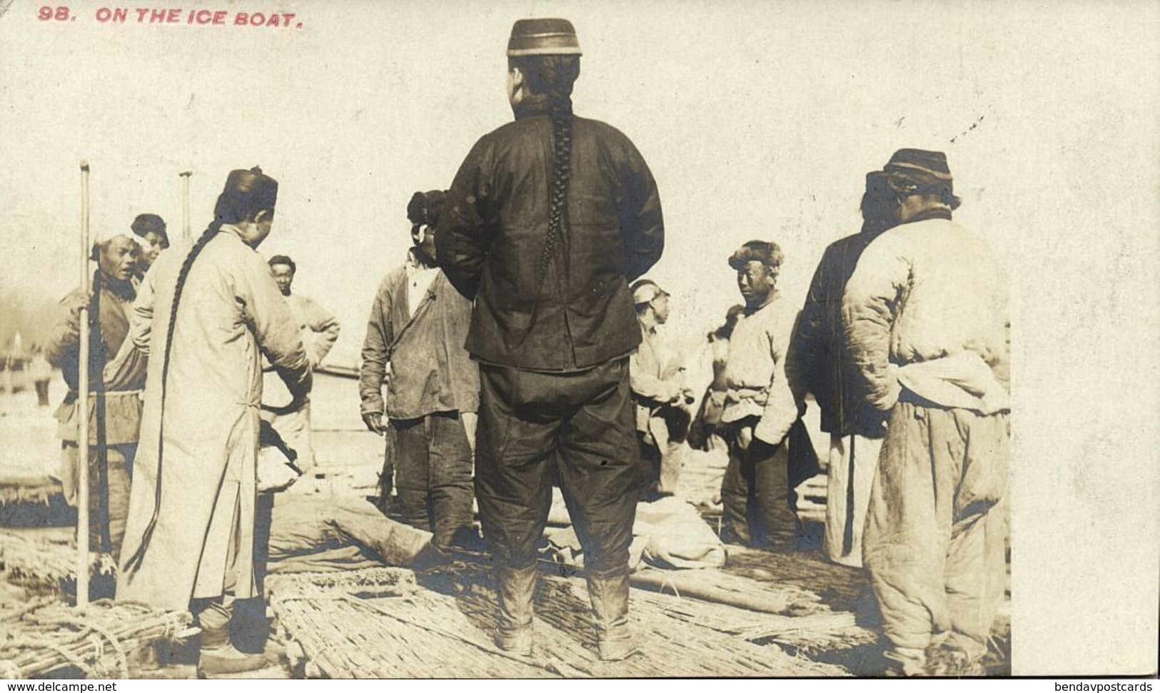 China, Chinese Men On Ice Boat, Pigtail 1908 RPPC, Tientsin - Shanghai To London - China