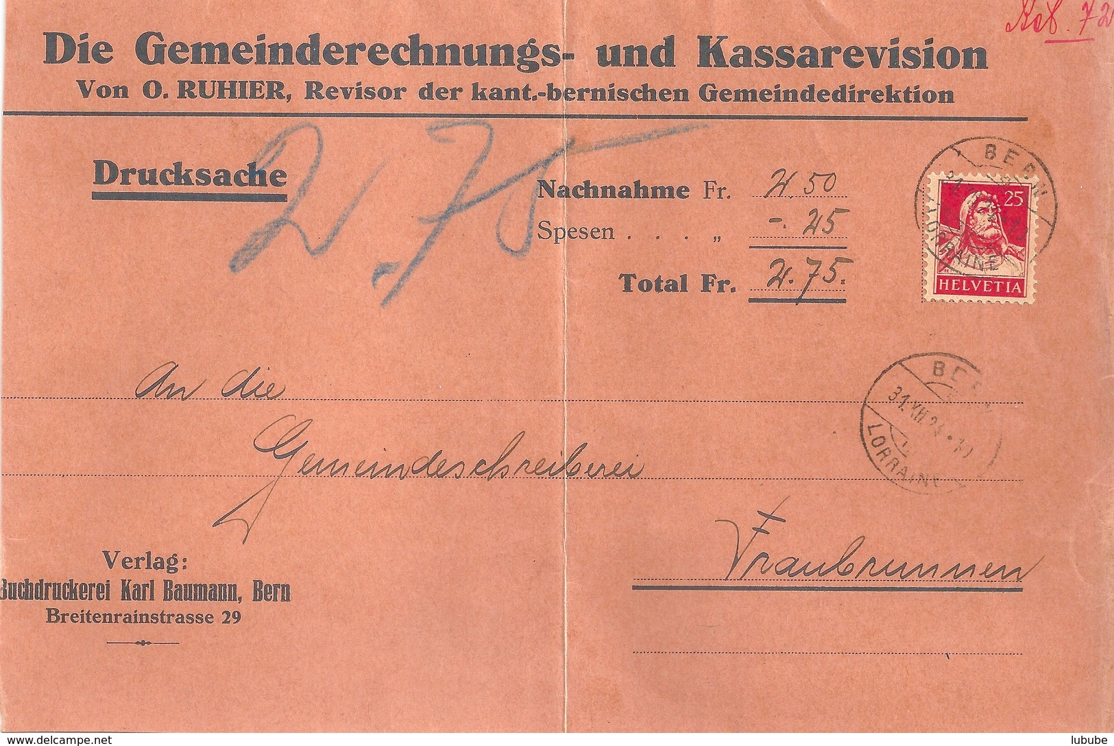 NN Briefvs  "Gemeinderechnungs- Und Kassarevision, Bern" - Fraubrunnen           1924 - Lettres & Documents