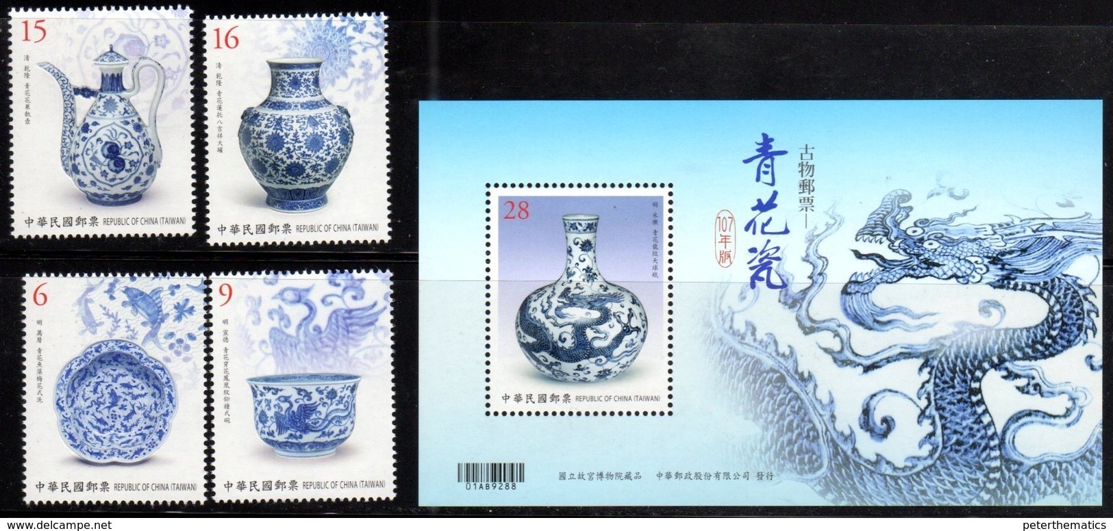 TAIWAN, 2018, MNH, ANCIENT ART TREASURES, PORCELAIN, FISH, DRAGONS, BIRDS,   4v+S/SHEET EMBOSSED - Porcelain