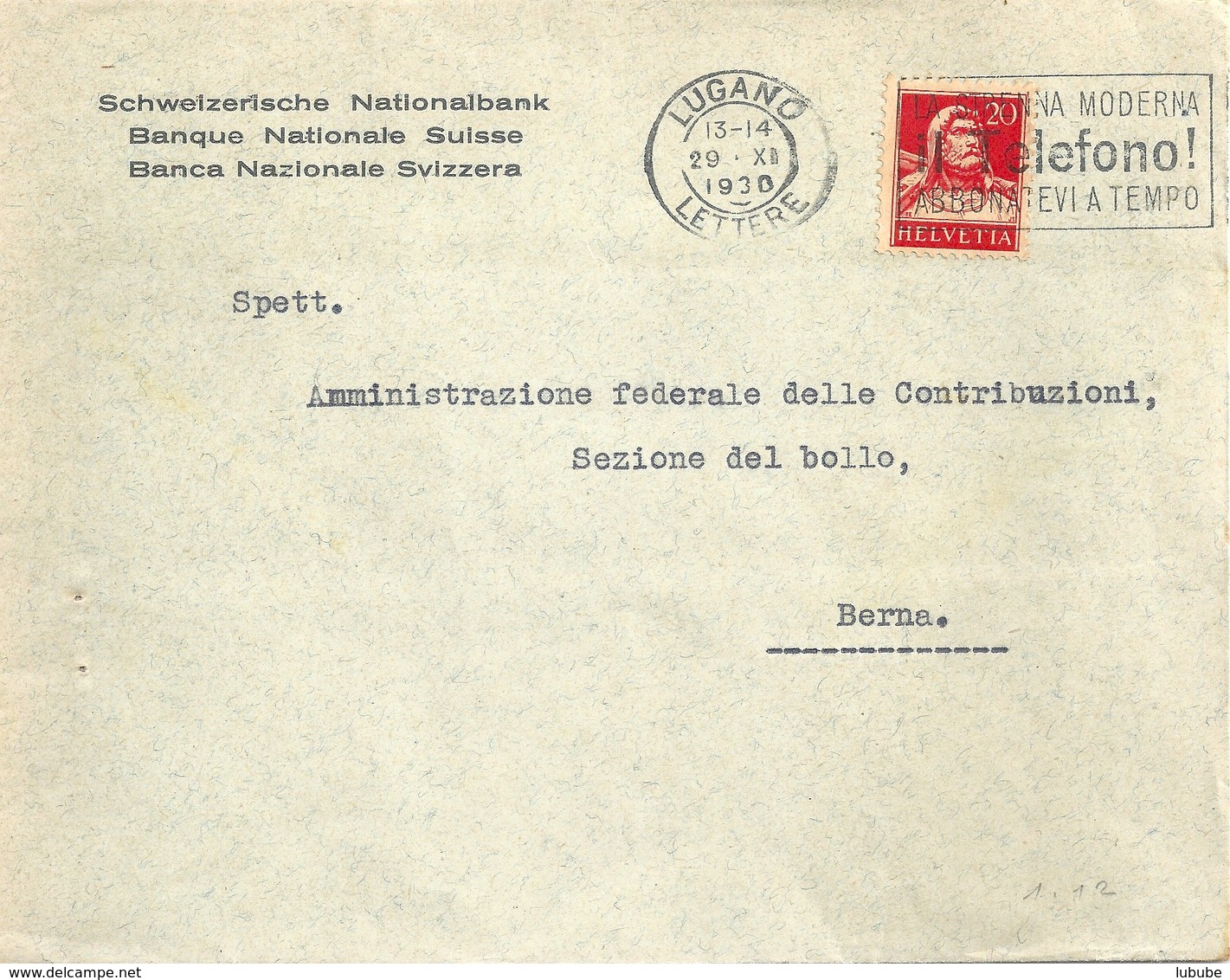 Motiv Brief  "Schweizerische Nationalbank, Lugano"              1930 - Lettres & Documents