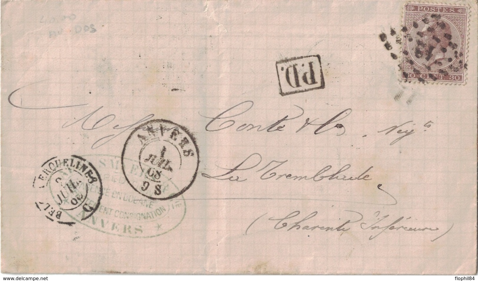 BELGIQUE - LETTRE DE ANVERS POUR LA FRANCE - 1 JUILLET 1868 - AFFRANCHISSEMENT A 30c - OBLITERATION LOSANGE 12 (TARDIF?) - Other & Unclassified