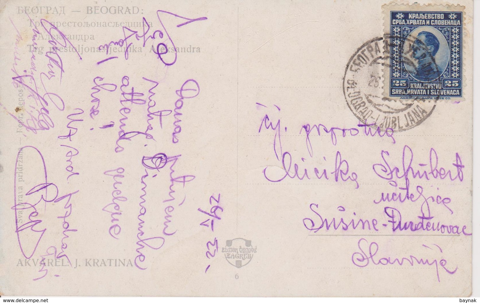 BGD691  --   BEOGRAD  ~  TRG PRESTOLONASLEDNIKA ALEKSANDRA  ~~  AKVAREL J. KRATINA  ~  1922  ~~  RAILWAY CANCEL  ,, BEOG - Serbien