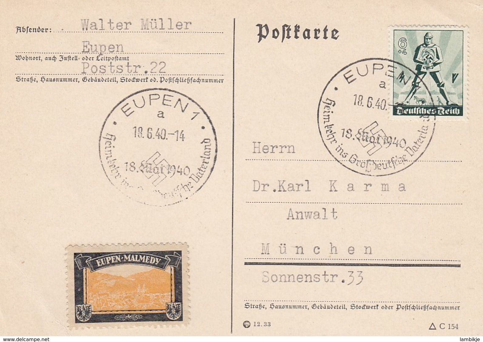 Deutsches Reich Postkarte 1940 Eupen - Gebraucht