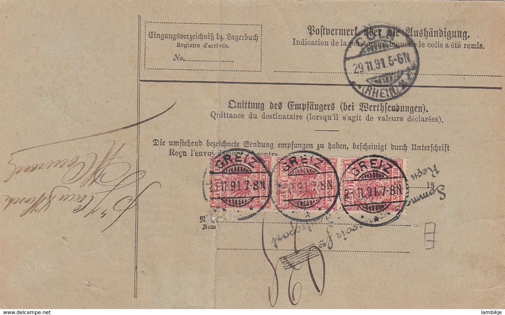 Deutsches Reich Paketkarte 1891 - Gebraucht