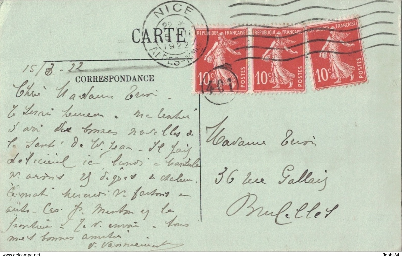 SEMEUSE - 10c X 3 SUR CARTE POSTALE DE NICE POUR BRUXELLES - CACHET BELGE SUR UN TIMBRE - EN 1922. - Tarifs Postaux