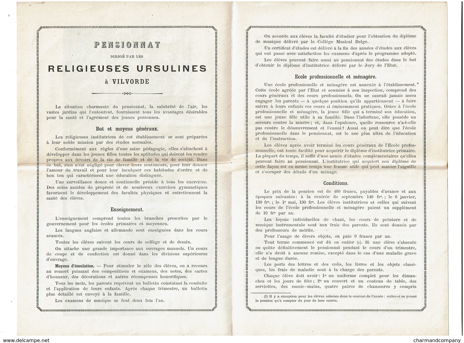 C1880 - Pensionnat Des Ursulines à Vilvorde - Publicité / Conditions / Uniforme ..  - 3 Scans - Publicités