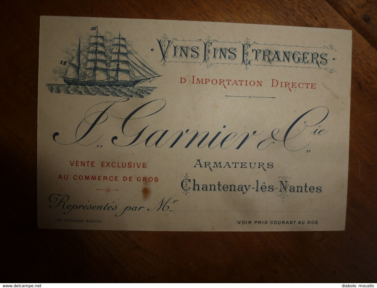 1900 :VINS FINS ETRANGERS D'Importation Directe -  F. GARNIER & Cie - Armateurs à Chantenay-les-Nantes ...etc - 1800 – 1899