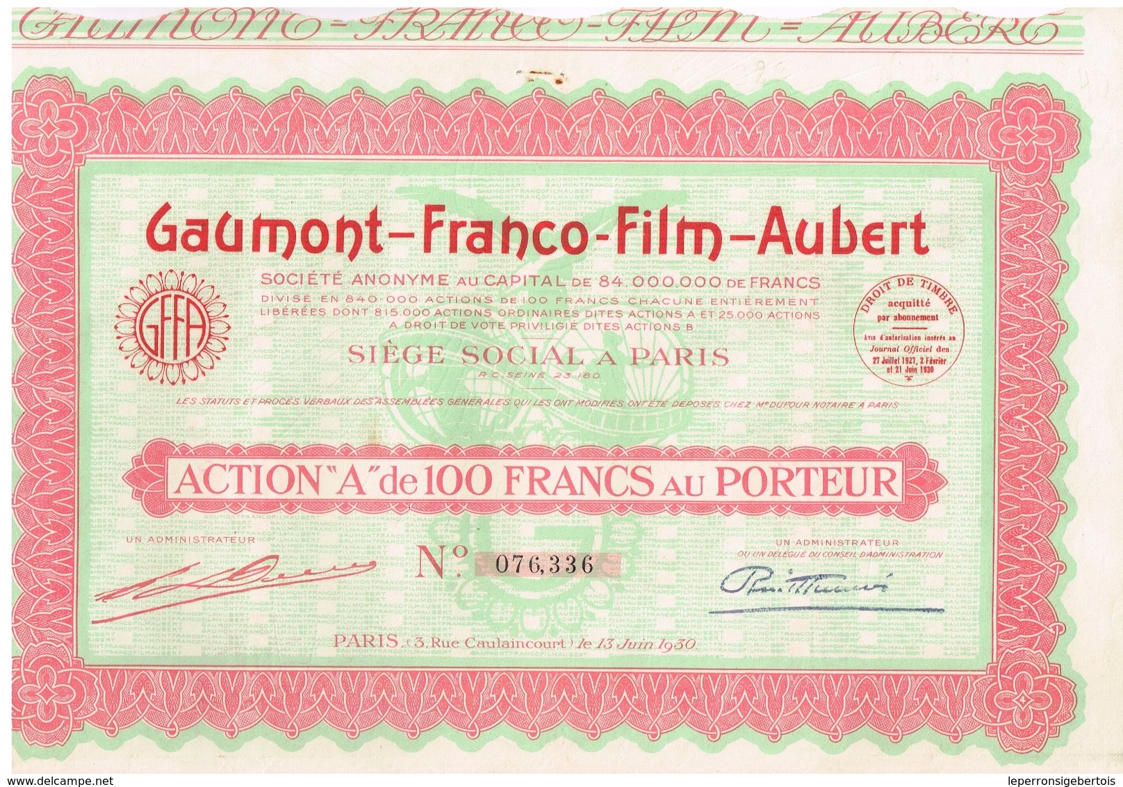 Titre Ancien - Gaumont-Franco-Film-Aubert - Société Anonyme - Titre De 1930 - - Industrie