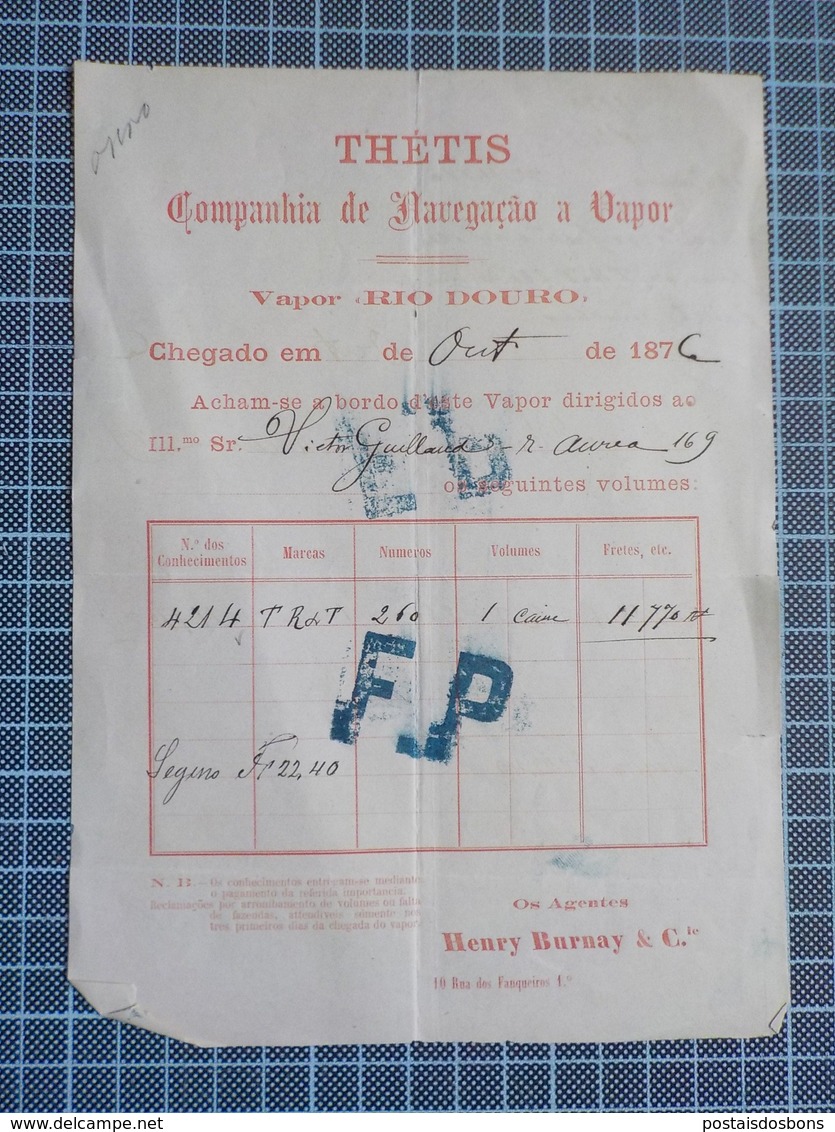 Cx 8) 2 Vieux Papiers Transport Portugal Companhia Navigation A Vapeur THETIS 1876 Vapor DOURO E RIO TEJO Henry Burnay - Portugal