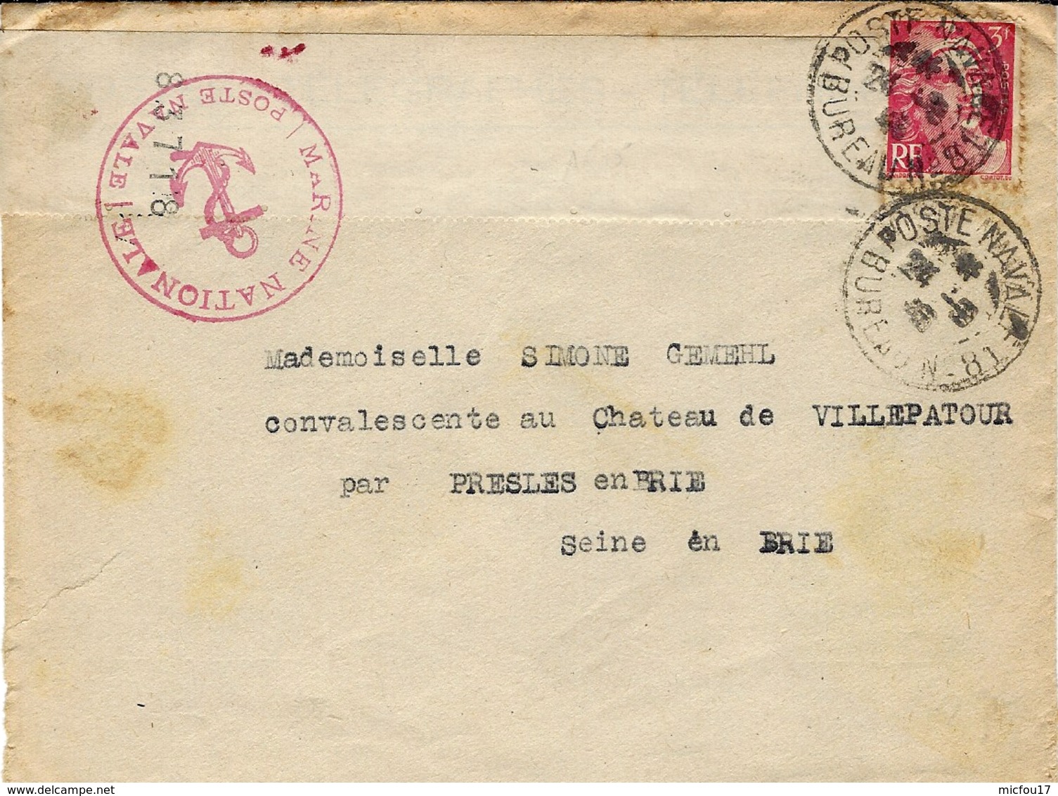 1946- Lettre Affr. 3 Frs Gandon Oblit. POSTE NAVALE  BUREAU N° 81 ( Paris ) - Poste Navale