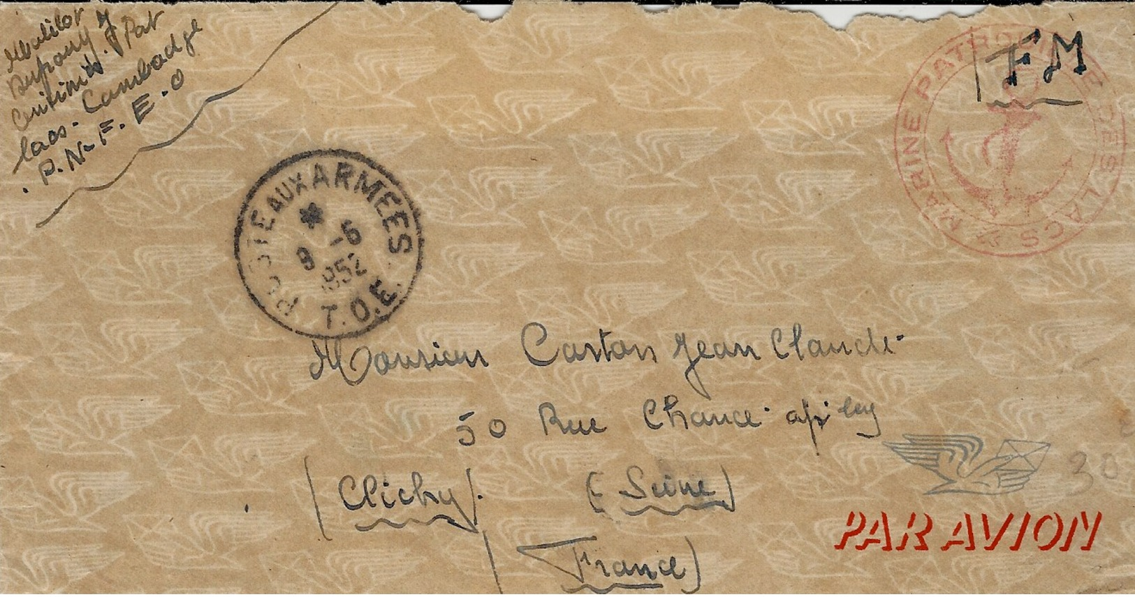 1952- Lettre Du Cambodge En F M Avec : MARINE PATROUILLE DES LACS  ( Taille ) - Poste Navale