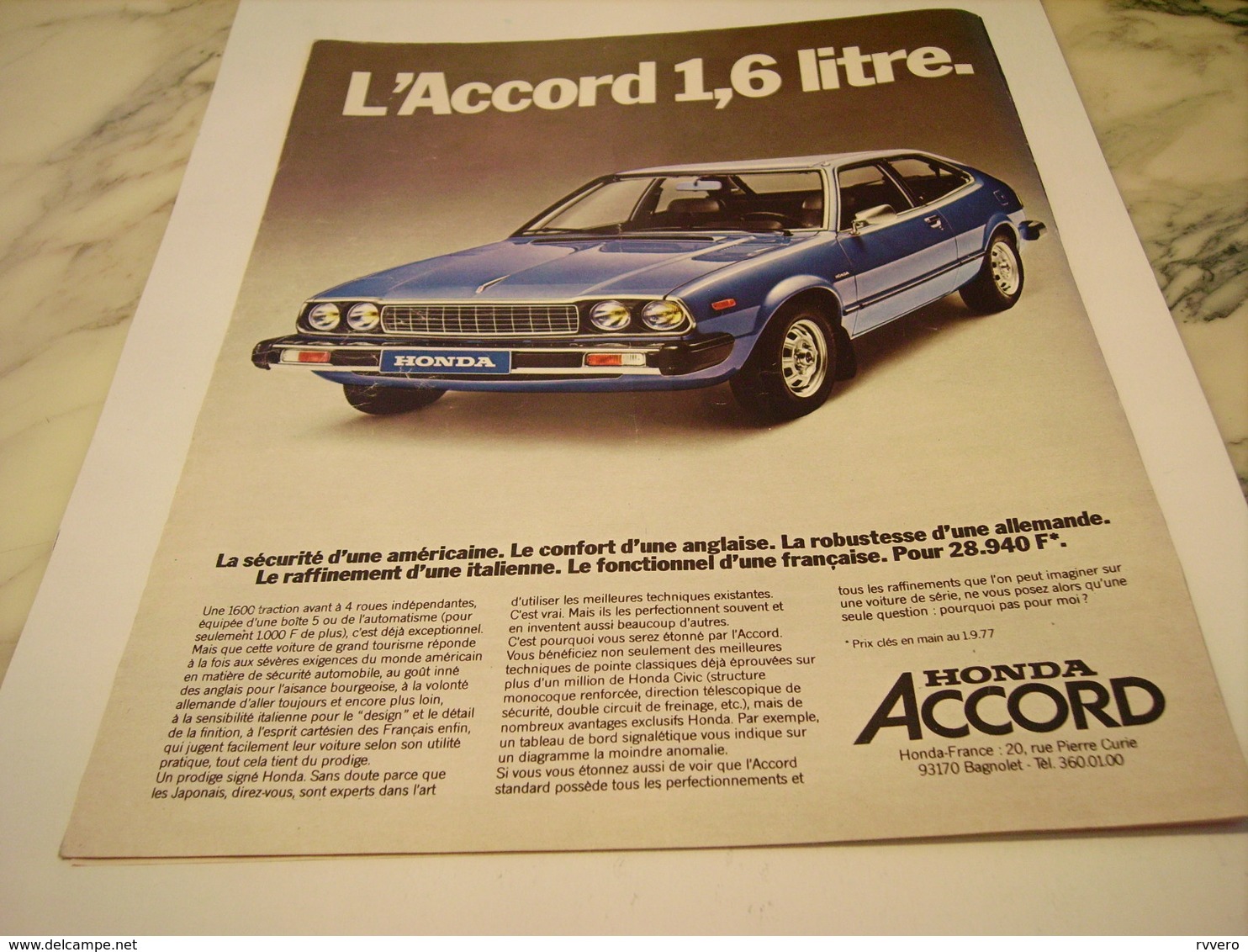 ANCIENNE   PUBLICITE VOITURE HONDA ACCORD  1977 - Voitures