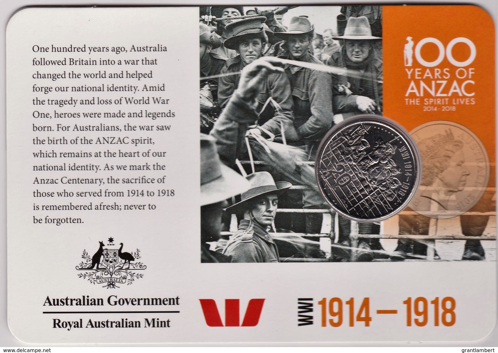 Australia 2015 ANZAC 100 Years - WW1 1914 - 1918 Uncirculated 20c - Non Classificati