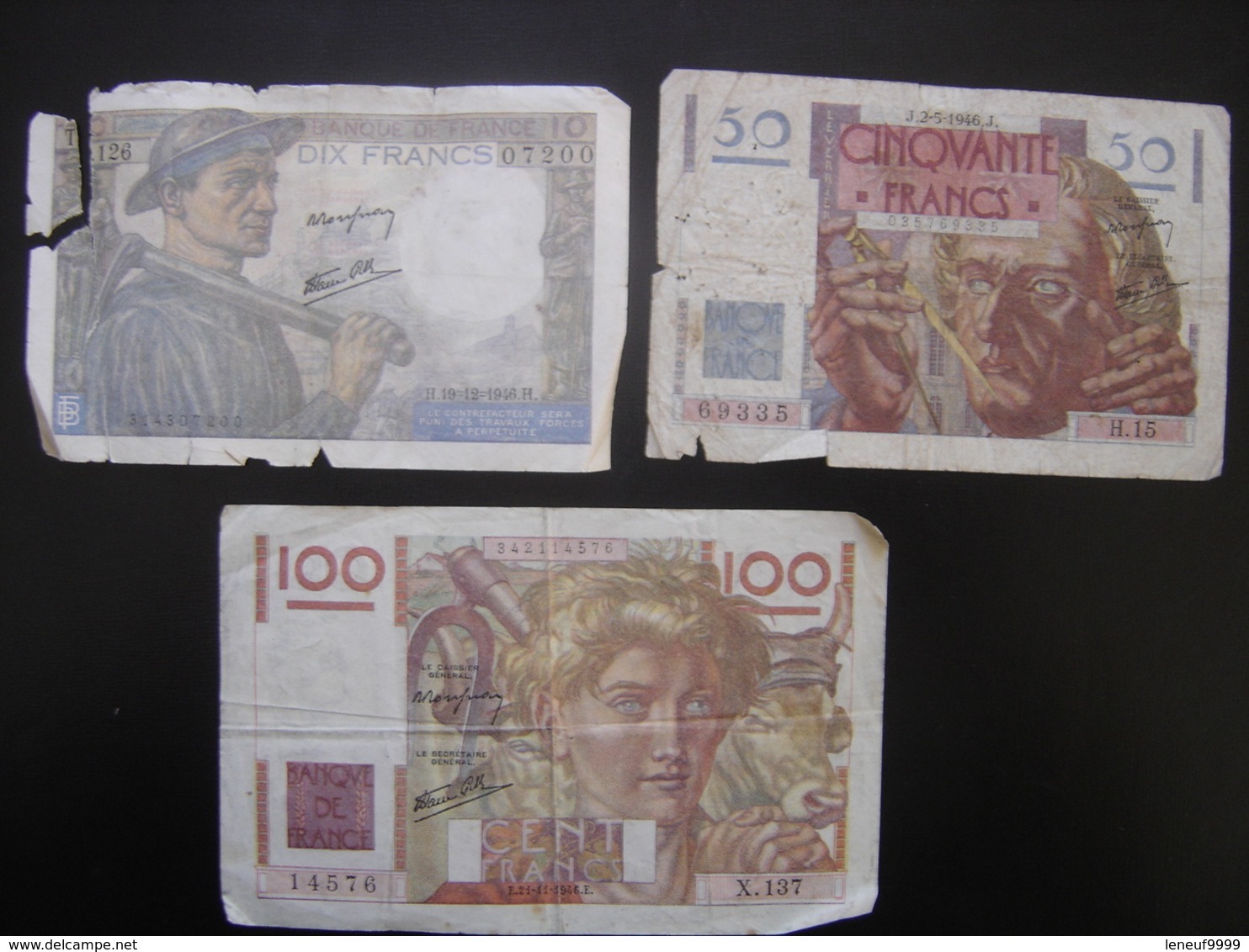 Lot N°2 Billet MINEUR 10 Francs LE VERRIER 50 Francs PAYSAN 100 Francs De 1946 - Non Classificati