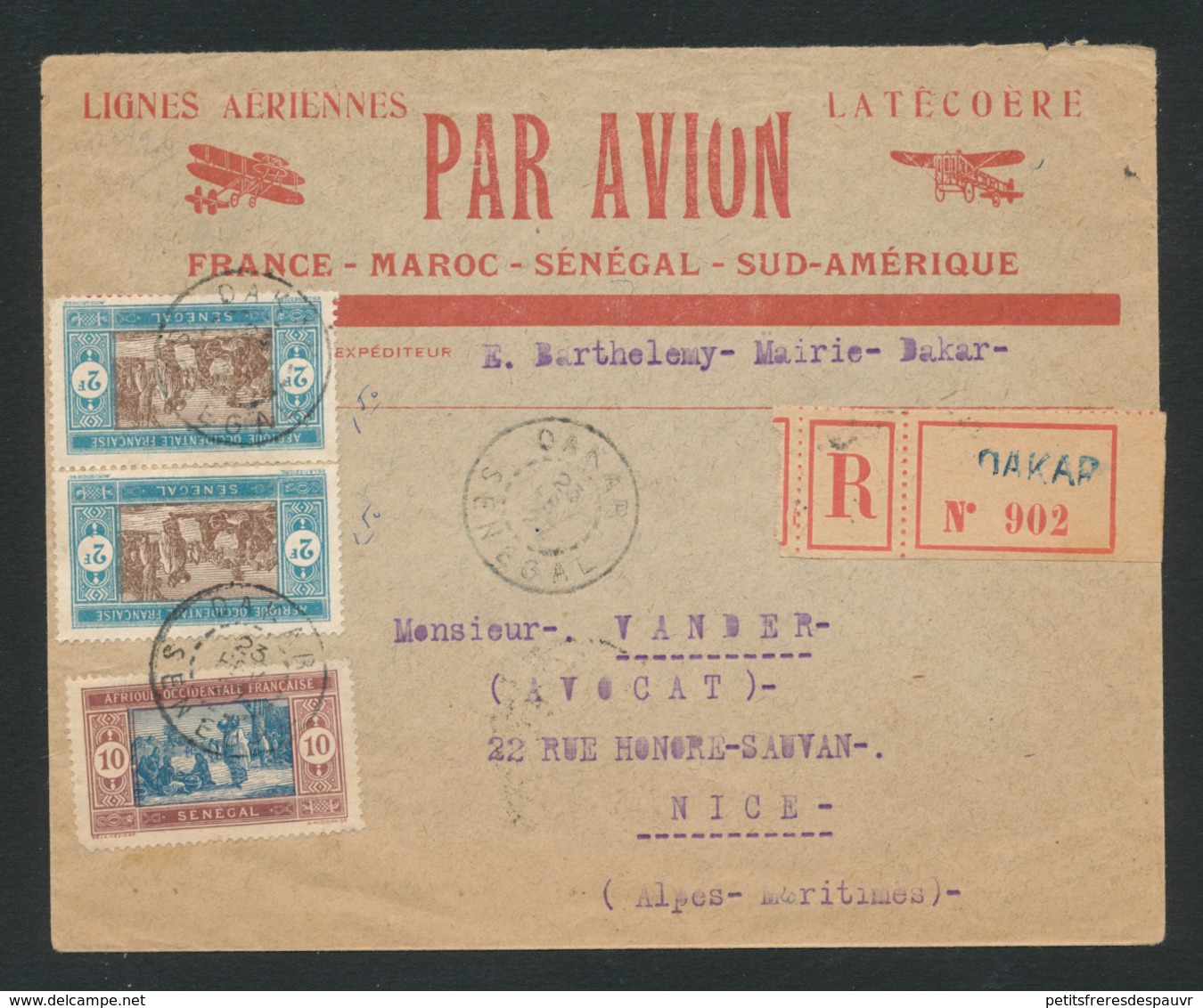 SENEGAL - Lettre Recommandée Avion Lignes Latécoère DAKAR Pour NICE 23/2/1927 - Lettres & Documents