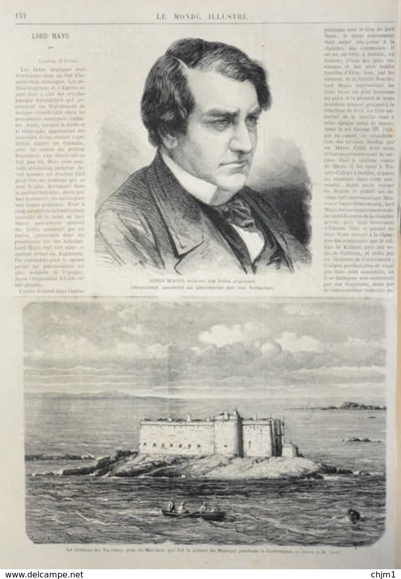 Le Château Du Taureau, Près De Morlaix - Lord Mayo, Vice-roi Des Indes Anglaises - Page Original 1872 - Historical Documents