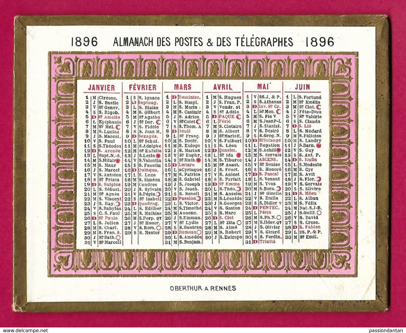 Almanach Des Postes Et Télégraphes Daté De 1896 - Éditions Oberthur à Rennes - Petit Format : ...-1900