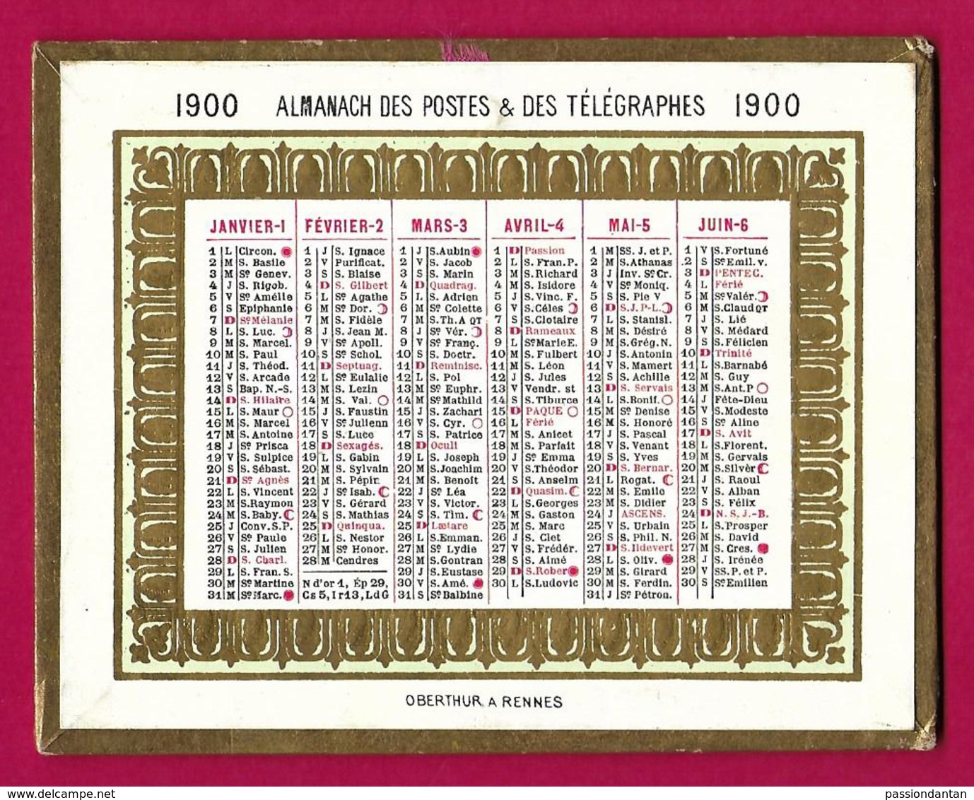 Almanach Des Postes Et Télégraphes Daté De 1900 - Éditions Oberthur à Rennes - Formato Piccolo : ...-1900