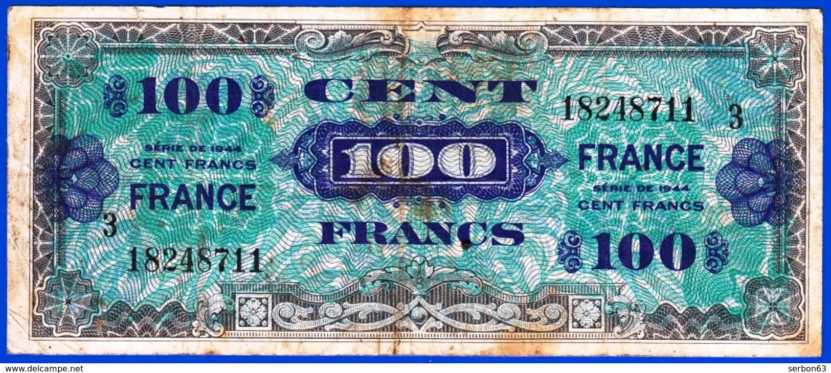 100 FRANCS VERSO FRANCE 4 JUIN 1945 N° 18248711 LES BILLETS DU TRESOR VENDU EN L'ETAT IMPRESSION AMÉRICAINE - Serbon63 - 1945 Verso France